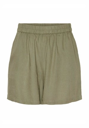 Λινά σορτς με ελαστική μέση σε ελαιόχρωμο, με χαλαρή εφαρμογή, ανάλαφρη ραφή και κομμένο στρίφωμα. Ελαφρύ και αεριζόμενο ύφασμα.