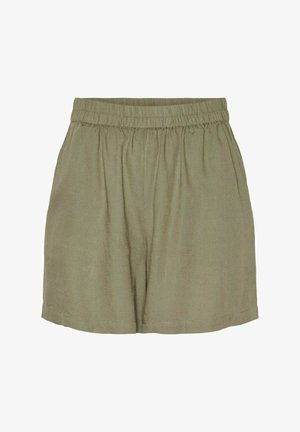 Λινά σορτς με ελαστική μέση σε ελαιόχρωμο, με χαλαρή εφαρμογή, ανάλαφρη ραφή και κομμένο στρίφωμα. Ελαφρύ και αεριζόμενο ύφασμα.