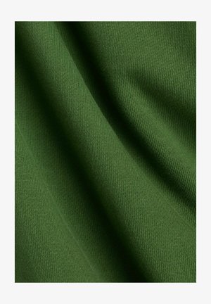 Tessuto verde con una texture liscia e rigata, caratterizzato da un motivo a maglia uniforme. Le pieghe morbide evidenziano la sua leggerezza e versatilità.