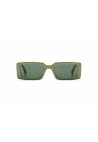 Lunettes de soleil rectangulaires en plastique mat vert olive avec des lentilles vert foncé et des branches noires fines, présentant un design minimaliste.