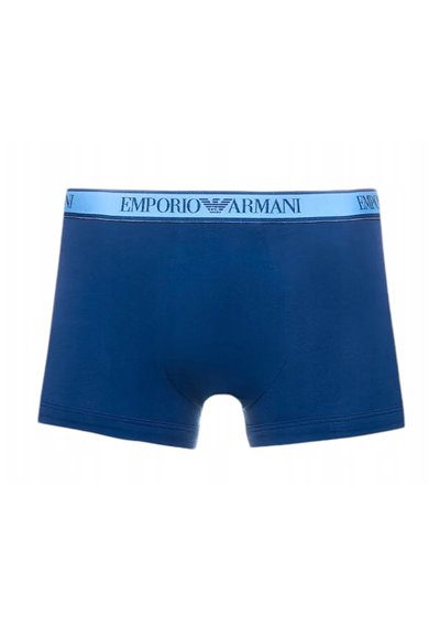Navy blue cotton boxer briefs with a light blue elastic waistband featuring the "Emporio Armani" logo. Smooth texture, fitted design.