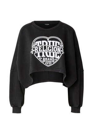 Czarna krótka bluza z długimi rękawami, z dużym białym nadrukiem z napisem "TRUE RELIGION BRAND JEANS." Miękka w dotyku.
