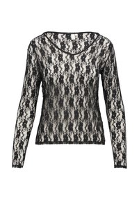 Schwarzes, langärmliges Spitzentop mit floralem Muster, rundem Ausschnitt und transparenter Textur. Mit einem gewellten Saum an den Bündchen und am unteren Ende akzentuiert.
