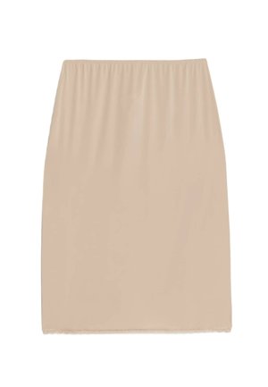 Beige kokerrok met een gladde textuur, elastische taille en een eenvoudig, ongecompliceerd ontwerp.