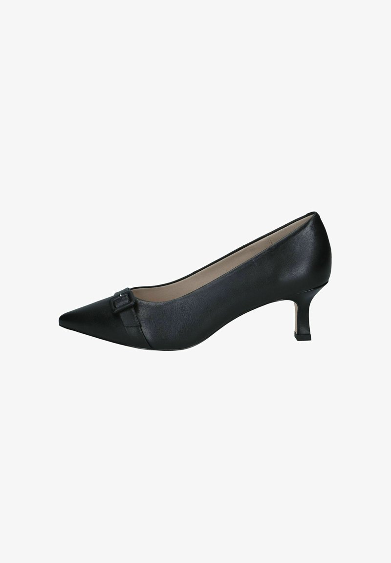 Escarpin en cuir noir à bout pointu, talon bas courbé et boucle carrée décorative sur la bride avant.