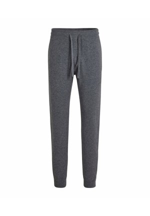Dunkelgraue Jogginghosen aus weichem Strickmaterial, mit elastischem Bund, Kordelzug und schmal zulaufenden Beinen. Ohne Muster oder Akzente.