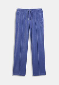 Niebieskie dresy z weluru z regulowanym paskiem w talii, dwoma bocznymi kieszeniami, pionowymi paskami oraz haftowanym logo na dolnej części nogawki.