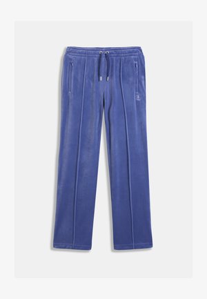 Niebieskie dresy z weluru z regulowanym paskiem w talii, dwoma bocznymi kieszeniami, pionowymi paskami oraz haftowanym logo na dolnej części nogawki.