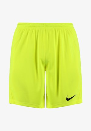 Helle neongelbe Sportshorts aus leichtem Stoff, mit einem elastischen Bund und einem schwarzen Nike-Logo an der unteren Seite.