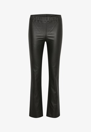 Black faux leather flared pants with an elastic waistband, smooth texture, and a slim fit through the thighs, extending to a slight flare.
