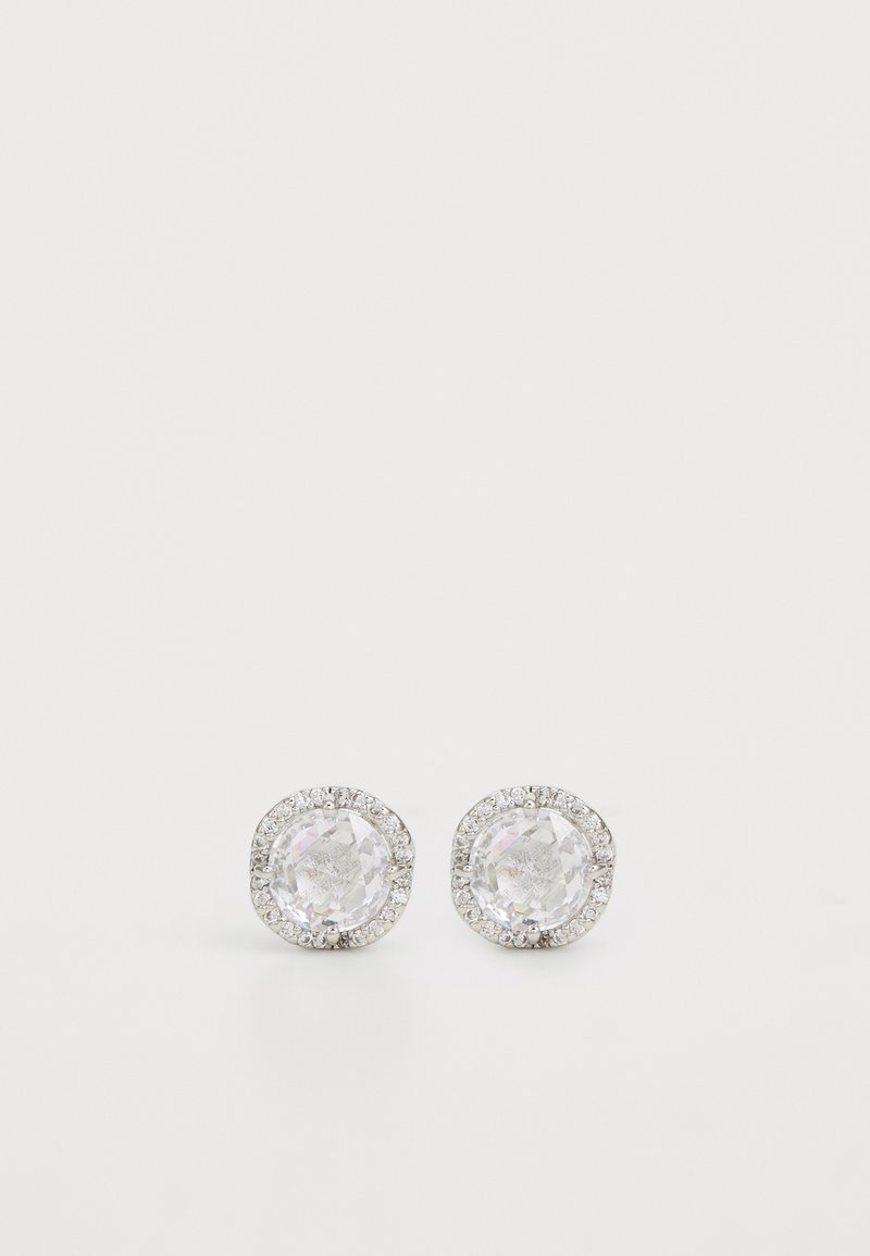 Round earrings with clear faceted central stones surrounded by a halo of small, sparkling accents. Metal setting is silver-colored.