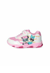 Sneakers rosa per bambini realizzati in materiali mesh e sintetici, con personaggi dei cartoni animati sui lati e una chiusura a strappo.