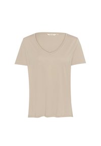 Beige V-hals t-shirt lavet af blødt stof, med korte ærmer og en afslappet pasform, med et enkelt og sømløst design.