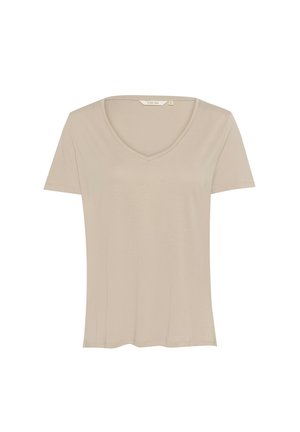 Béžové tričko s výstřihem do V vyrobené z měkkého materiálu, s krátkými rukávy a pohodlným střihem, s jednoduchým a bezproblémovým designem.