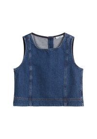 Jeansowa bluzka bez rękawów w ciemnoniebieskim kolorze z okrągłym dekoltem, widocznymi szwami i prostym dołem. Metka z napisem "Mango."