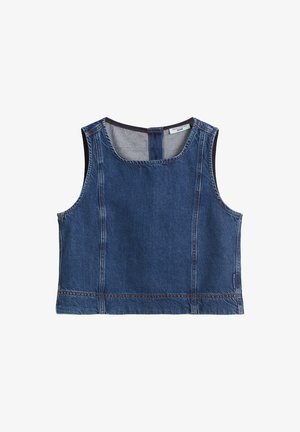 Top sans manches en denim bleu foncé avec un col rond, des détails de couture visibles, et un ourlet droit. L'étiquette indique "Mango."