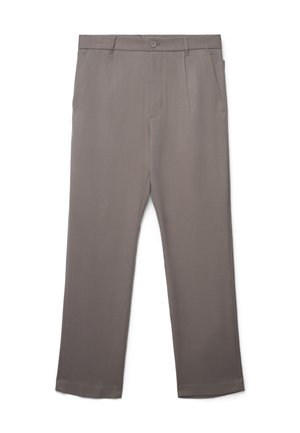 Pantalons de costume gris à jambes droites avec passants de ceinture, bouton avant, fermeture éclair et poches latérales, présentés sur un fond blanc.