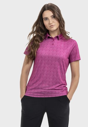 Kurzärmeliges Poloshirt in lebhaftem Pink mit einem kunstvollen Wirbelmuster, ausgestattet mit einem klassischen Kragen und drei Knöpfen entlang der Knopfleiste.