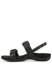 Sandales noires avec des brides en cuir texturé et des boucles réglables. Doublure intérieure douce et semelle en caoutchouc avec une traction nervurée.