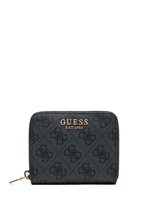 Portafoglio nero Guess con zip, motivo logo in rilievo e scritta in metallo dorato "GUESS EST 1981" sul davanti.