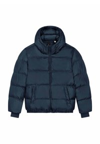 Giacca imbottita blu navy con collo alto, chiusura con cerniera e polsini elastici. Caratterizzata da un design trapuntato e due tasche laterali. Tessuto liscio.