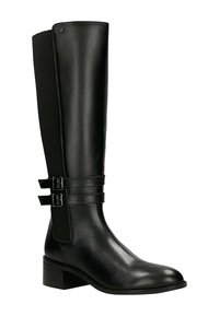 Stivale nero in pelle fino al ginocchio con tacco basso, due fibbie laterali e pannello elastico sul retro per la regolazione della vestibilità.