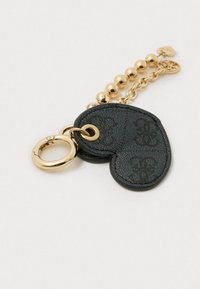 Portachiavi in pelle nera a forma di cuore con motivo in rilievo. Dotato di catena e gancio in metallo dorato, che aggiunge un tocco decorativo.