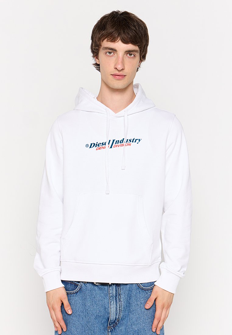 Felpa bianca con cappuccio e cordino, tasca anteriore e colorato logo "Diesel Industry Denim Division" sul petto. Materiale in cotone.
