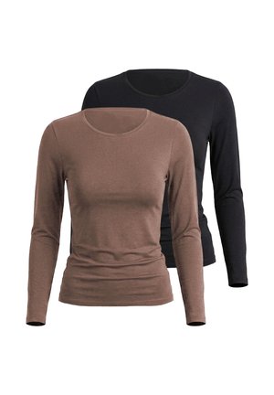 Two plain long-sleeve crewneck shirts, one brown in front and one black behind, displayed on a white background.