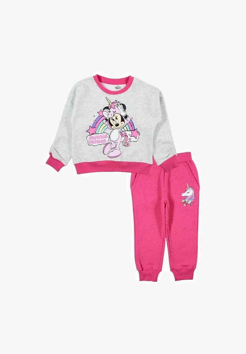 Ensemble deux pièces pour enfants composé d'un sweat-shirt gris avec Minnie Mouse en costume de licorne et d'un pantalon de jogging rose avec un motif de licorne sur la jambe gauche.