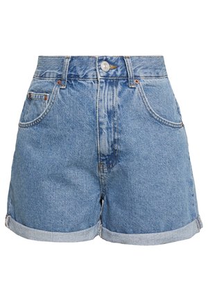 Denim shorts in light blue, featuring a high waist, rolled cuffs, two front pockets, and metal button closure. Classic five-pocket design.