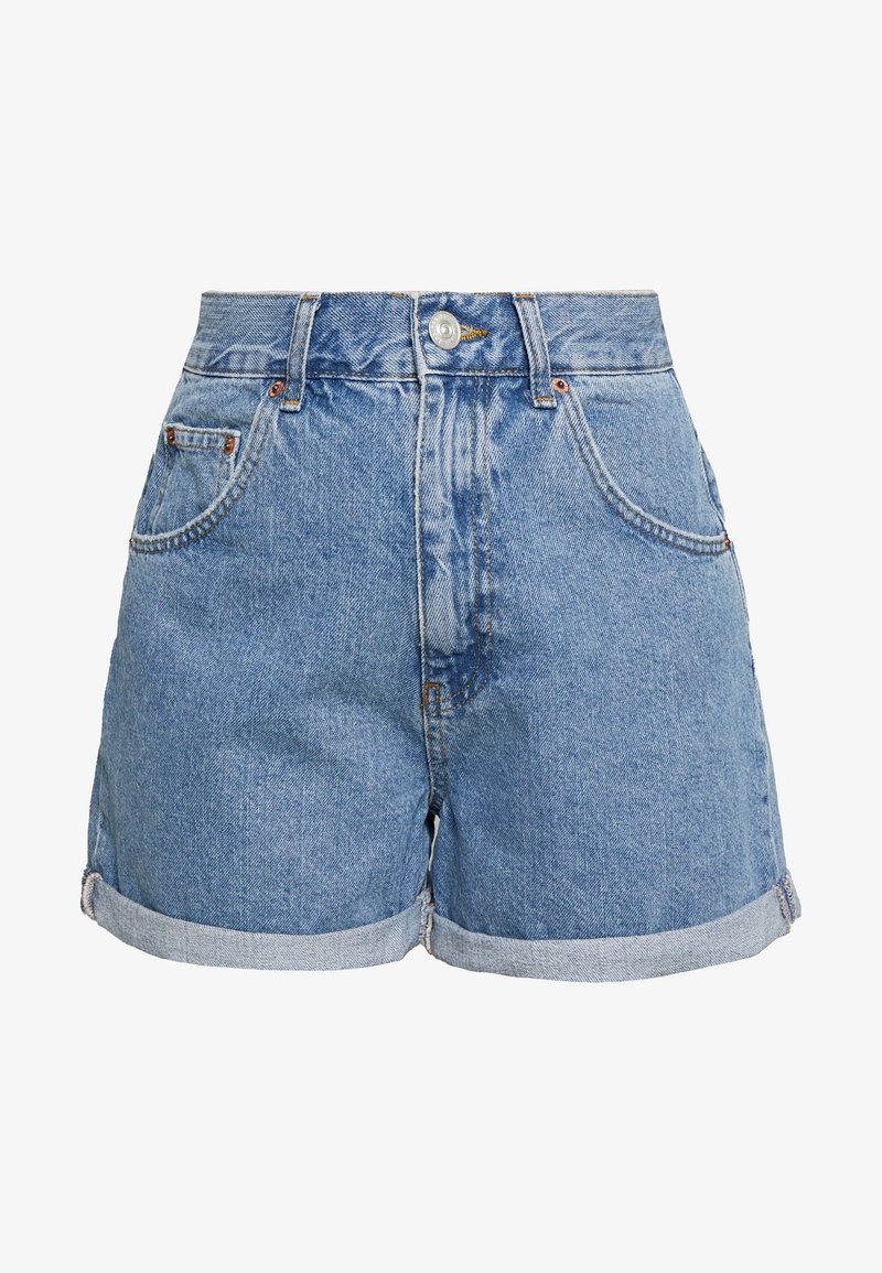 Denim shorts in light blue, featuring a high waist, rolled cuffs, two front pockets, and metal button closure. Classic five-pocket design.