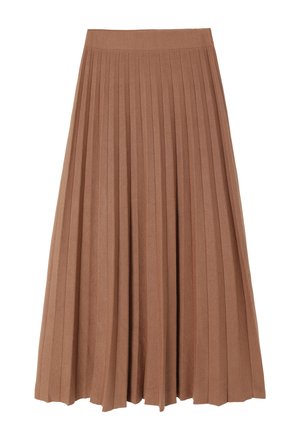 Brown pleated midi skirt with a smooth texture and a wide waistband, featuring even vertical folds down the length, creating a flowing silhouette.