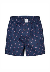 Námořnicky modré boxerky z hladké látky s motivem červenobílých lízátek, s elastickým pasem a předním knoflíkem.