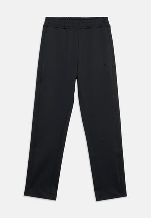 Sorte bukser med lige ben, elastisk talje og diskrete striber i siden, designet til afslappet eller atletisk brug.