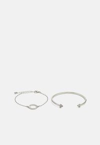 Silver bracelet set featuring a chain bracelet with circular accent and an open cuff bracelet with two crystal-like embellishments.