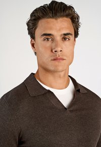 Ung man med kort mörkt hår som bär en mörkbrun tröja med krage över en vit skjorta, ser rakt fram med ett neutralt uttryck.