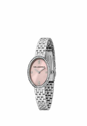 Orologio da polso in metallo argentato con quadrante ovale rosa, indici delle ore in cristallo a ore 12, 3, 6 e 9 e piccoli cristalli intorno alla lunetta.