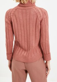 Rosa gerippter Pullover mit hohem Kragen, Zopfmuster-Akzenten an den Schultern und umgeschlagenen Bündchen, kombiniert mit hellrosa Hosen.