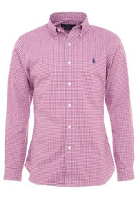 Czerwona i biała koszula w kratę z długim rękawem i kołnierzykiem na guziki, z małym niebieskim logo na piersi i białymi guzikami. Bawełniany materiał.