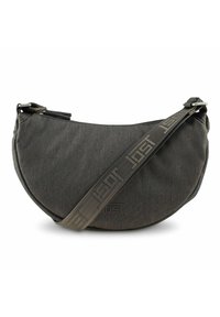 Graue Stoff-Schultertasche mit kurvenförmiger Gestaltung, Reißverschlussverschluss und einem gemusterten Riemen mit geprägt eingearbeitetem Markennamen.