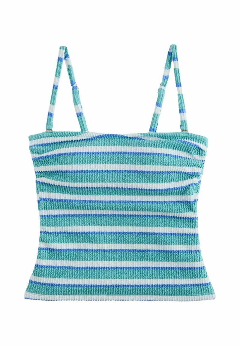 Triibuline top reguleeritavate rihmadega, millel on vahelduvad ribad helesinisest, tumedasine ja sinises toonis tekstureeritud kootud kangast.