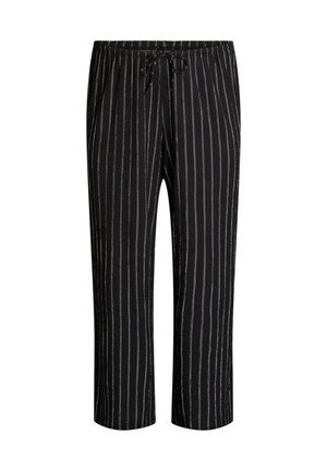 Sorte løstsiddende bukser med tynde, lodrette hvide striber og en elastisk talje med sort snor til justering.
