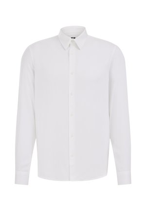 Fehér, hosszú ujjú, gombos ing sima anyagból, klasszikus gallérral, elülső gombolással és egyenes szabású ujjal.