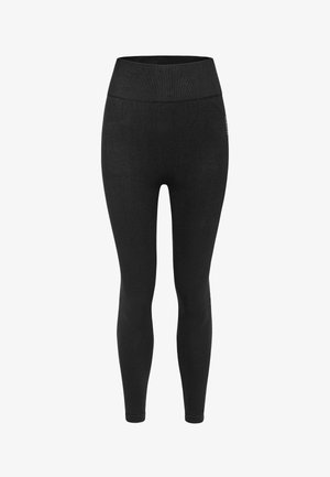 Čierne legíny vyrobené z elastickej tkaniny, s vysokým pásom, zúženými nohavicami a hladkou textúrou. Bez viditeľných vzorov alebo akcentov.