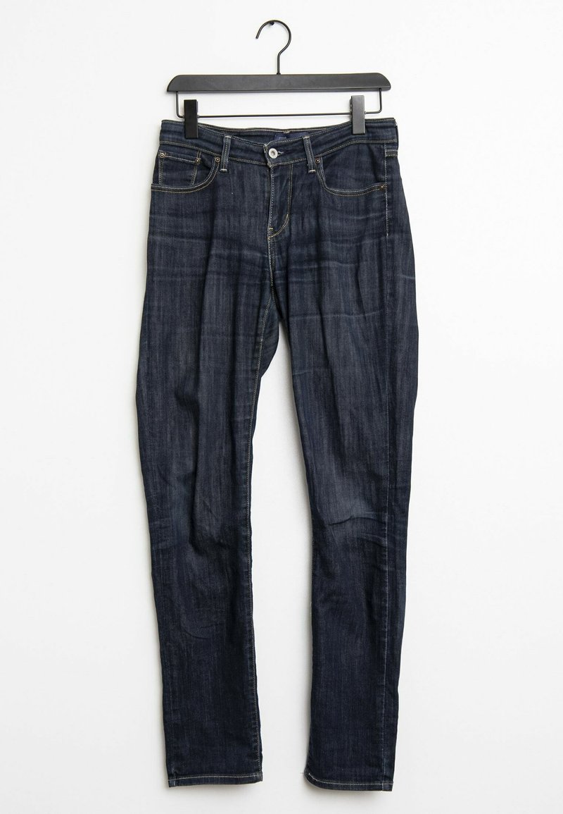 Dark blue denim jeans with a straight leg style, featuring a five-pocket design, button closure, and subtle fading on the fabric.