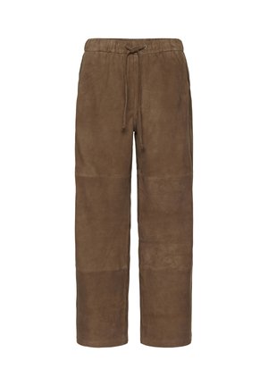 Brown suede pants with a relaxed fit, featuring an elastic waistband and drawstring, shown against a plain background.