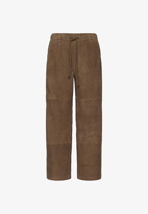 Pantalon en daim marron avec une coupe décontractée, muni d'une taille élastique et d'un cordon de serrage, présenté sur un fond uni.