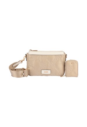 Beige crossbody taske og lille møntpung med blomsterbroderi, hvid kant, gyldent lynlås og justerbar beige rem.