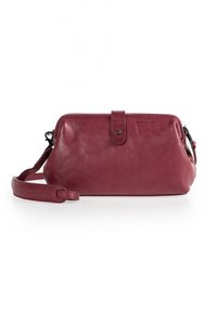 Burgundy leather crossbody bag with a rounded shape, top zipper, and a detachable strap. Features a front tab closure and embossed logo detail.
